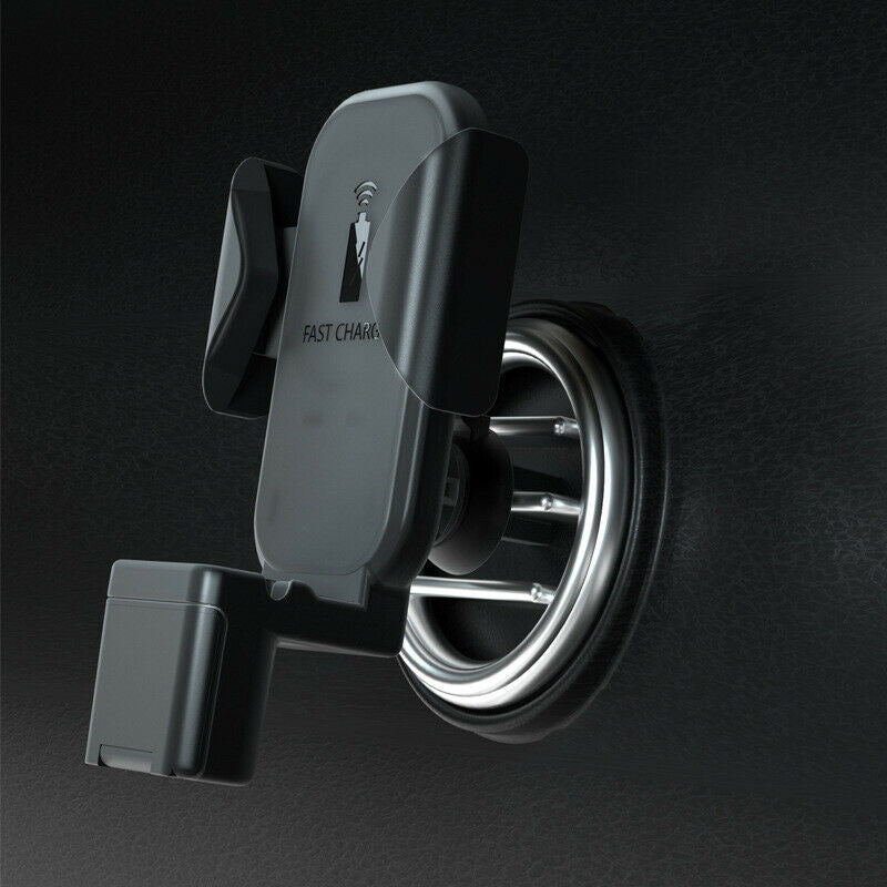 Wireless phone charger mount attached to a car air vent with cradle, grey