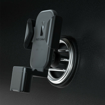 Wireless phone charger mount attached to a car air vent with cradle, grey