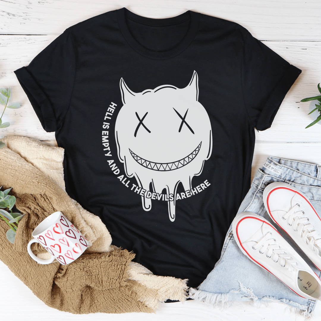 Black T-shirt with white cartoon devil face graphic, short sleeves, crew neck.