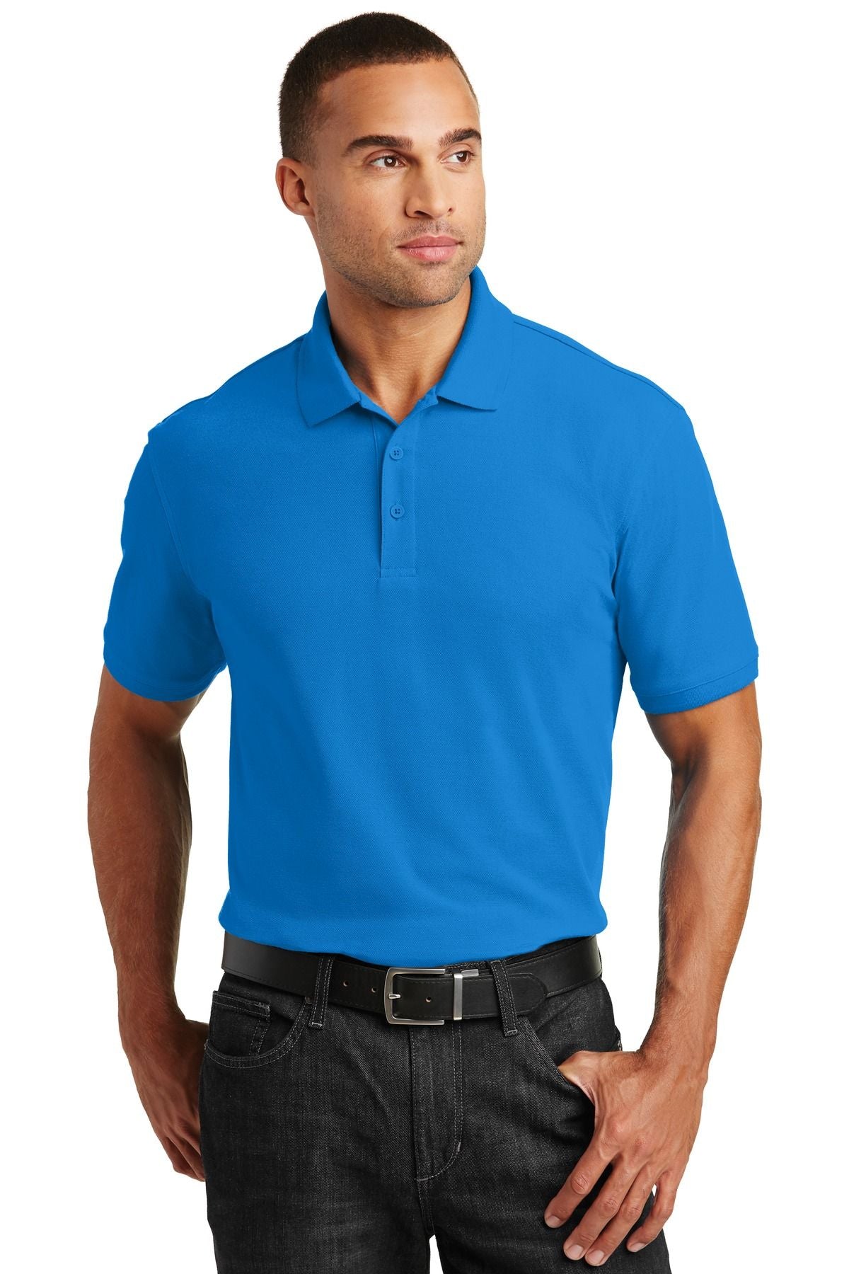 Blue pique polo shirt with button placket and collar