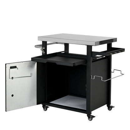 K&K 39.5" Outdoor Grill Cart with Storage Cabinet, Outdoor Bar Cart Pizza Oven Table with Wheels, Stainless Steel Top, Outdoor Kitchen Island with Spice & Paper Rack for BBQ, Waterproof Cover Included