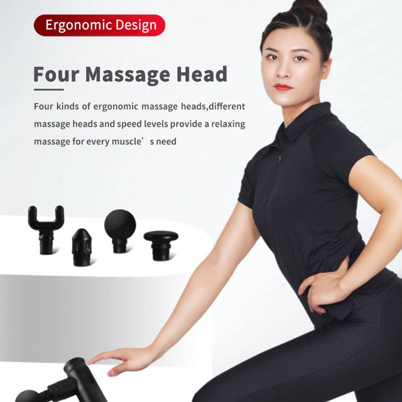 Massage gun with four interchangeable heads shown, including U-shaped attachment