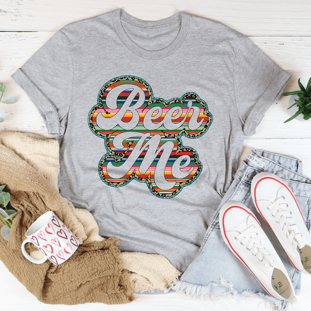 Heather gray crewneck T-shirt with 'Beer Me' front text graphic
