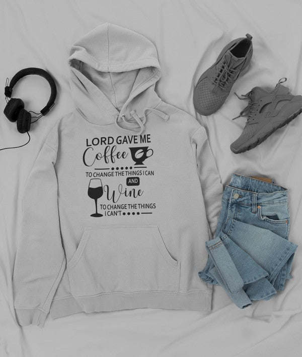 Light-colored coffee-themed hoodie with front logo graphic and kangaroo pocket