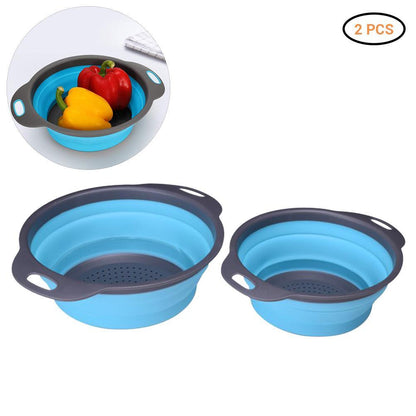 Collapsible silicone colander set of 2: blue bowls with gray rims and handles