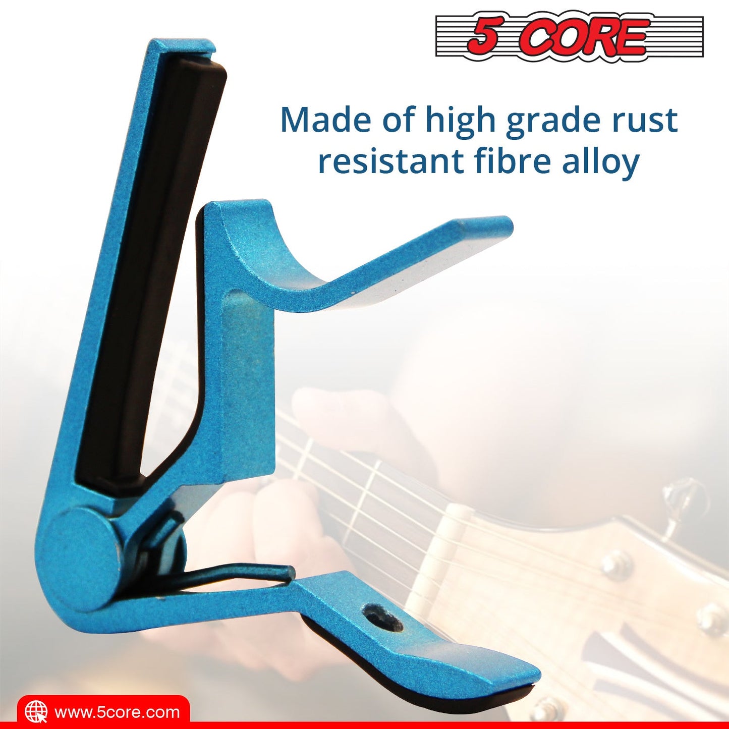 Blue guitar capo clip with black clamping pad and adjustable lever arm.