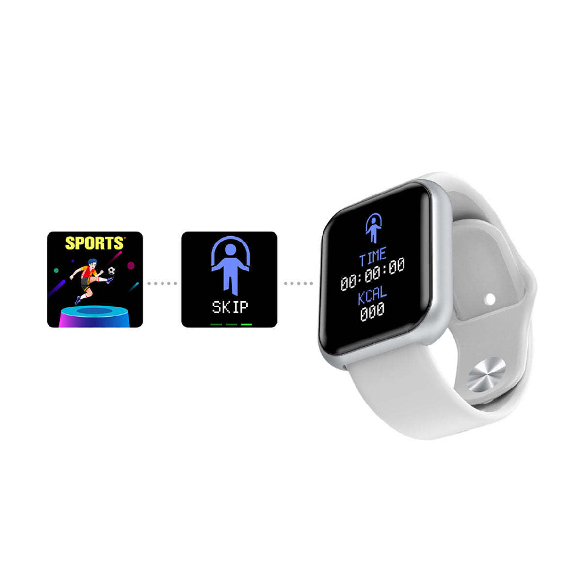 Smart watch with black screen and white silicone band, showing workout icons.