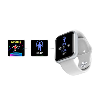 Smart watch with black screen and white silicone band, showing workout icons.