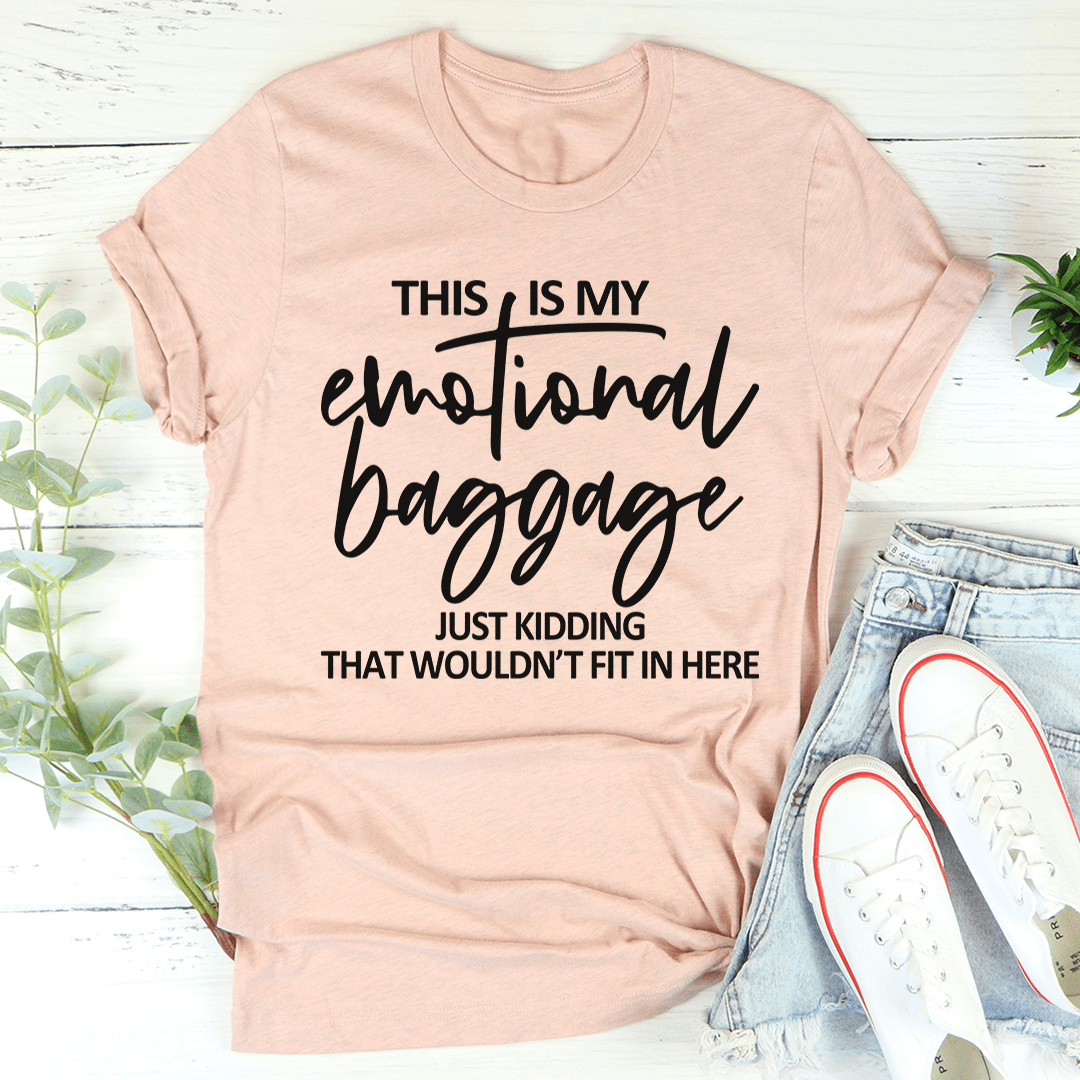 Emotional baggage graphic T-shirt, mauve crewneck with slogan text