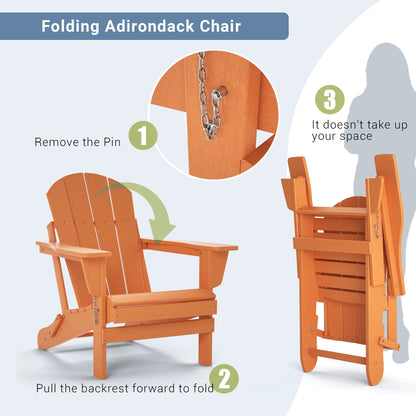 Folding Adirondack chair folding mechanism with chain, orange wood-look frame