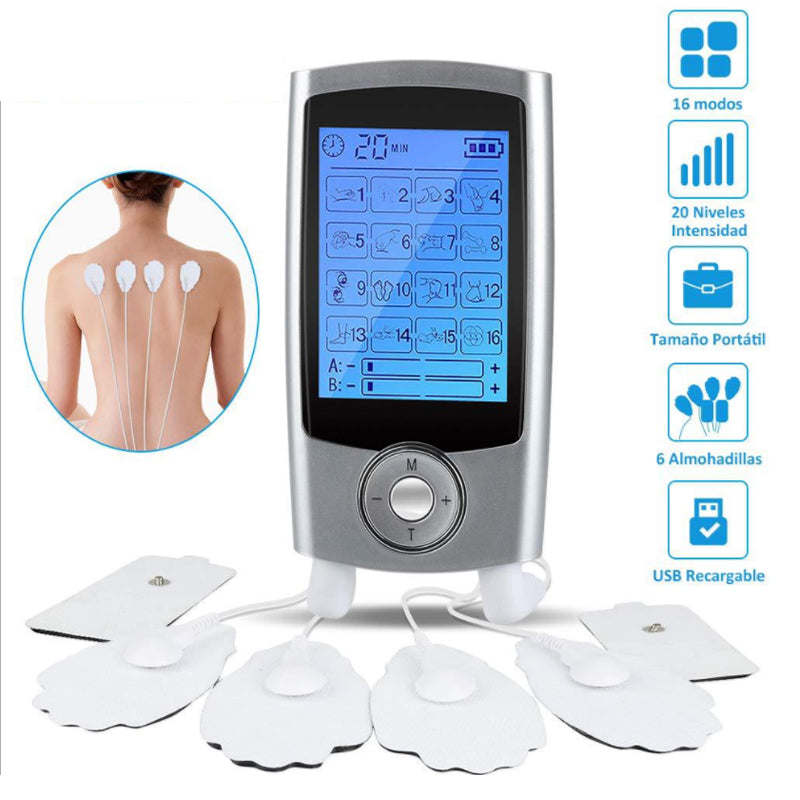 Sore No More relaxer device with white adhesive pads and connected electrodes
