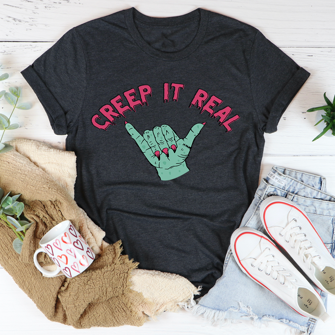 Creep It Real T-shirt, dark charcoal crewneck with green hand graphic and red lettering