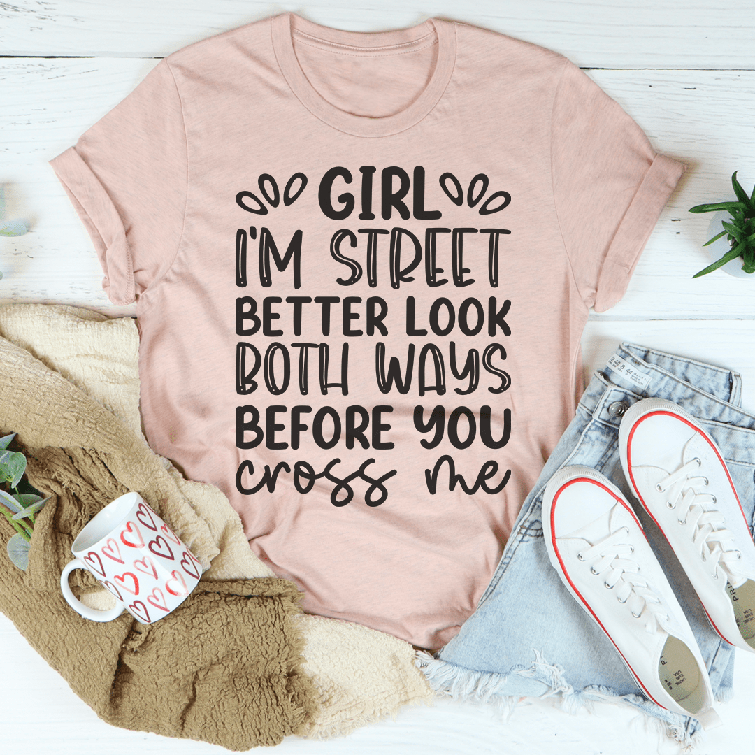 Dusty rose crewneck girls' street T-shirt with 'before you cross me' text graphic