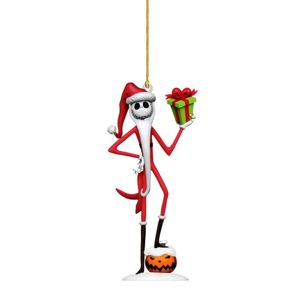 Acrylic pendant doll ornament of a red-and-white skeleton jester holding a present box.