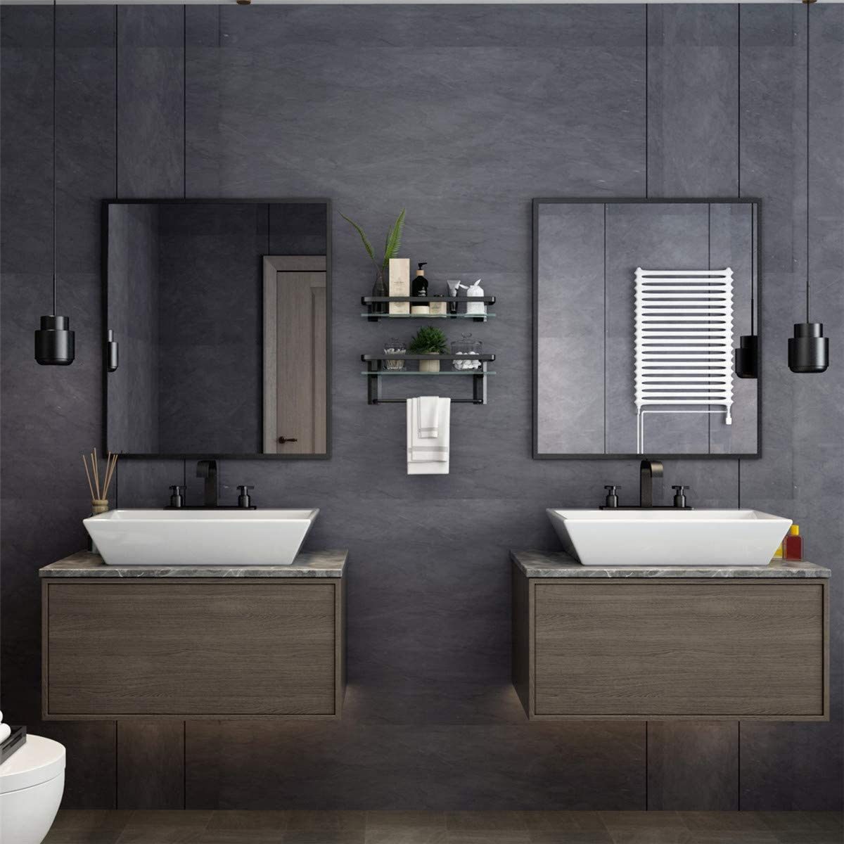 Wall-mounted 2-tier glass bathroom shelf with towel bar and black brackets