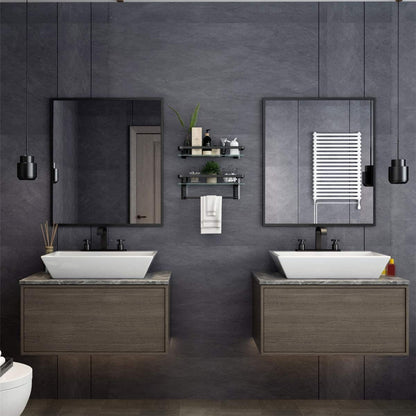 Wall-mounted 2-tier glass bathroom shelf with towel bar and black brackets