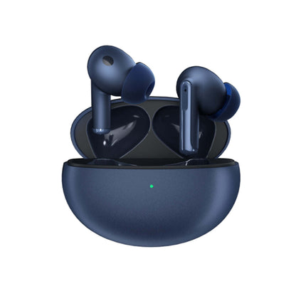 Black wireless earbuds seated in a black charging case
