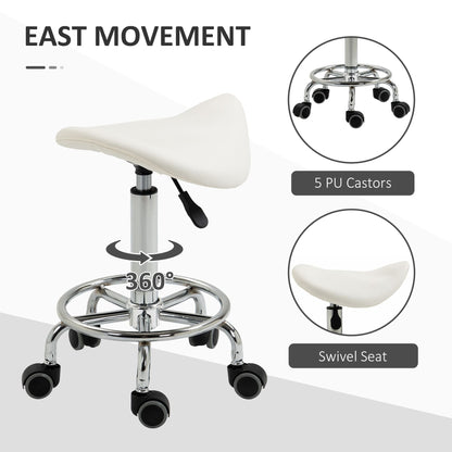 Saddle Stool PU Leather Adjustable Rolling Salon Chair White for Massage Spa Clinic Beauty Tattoo