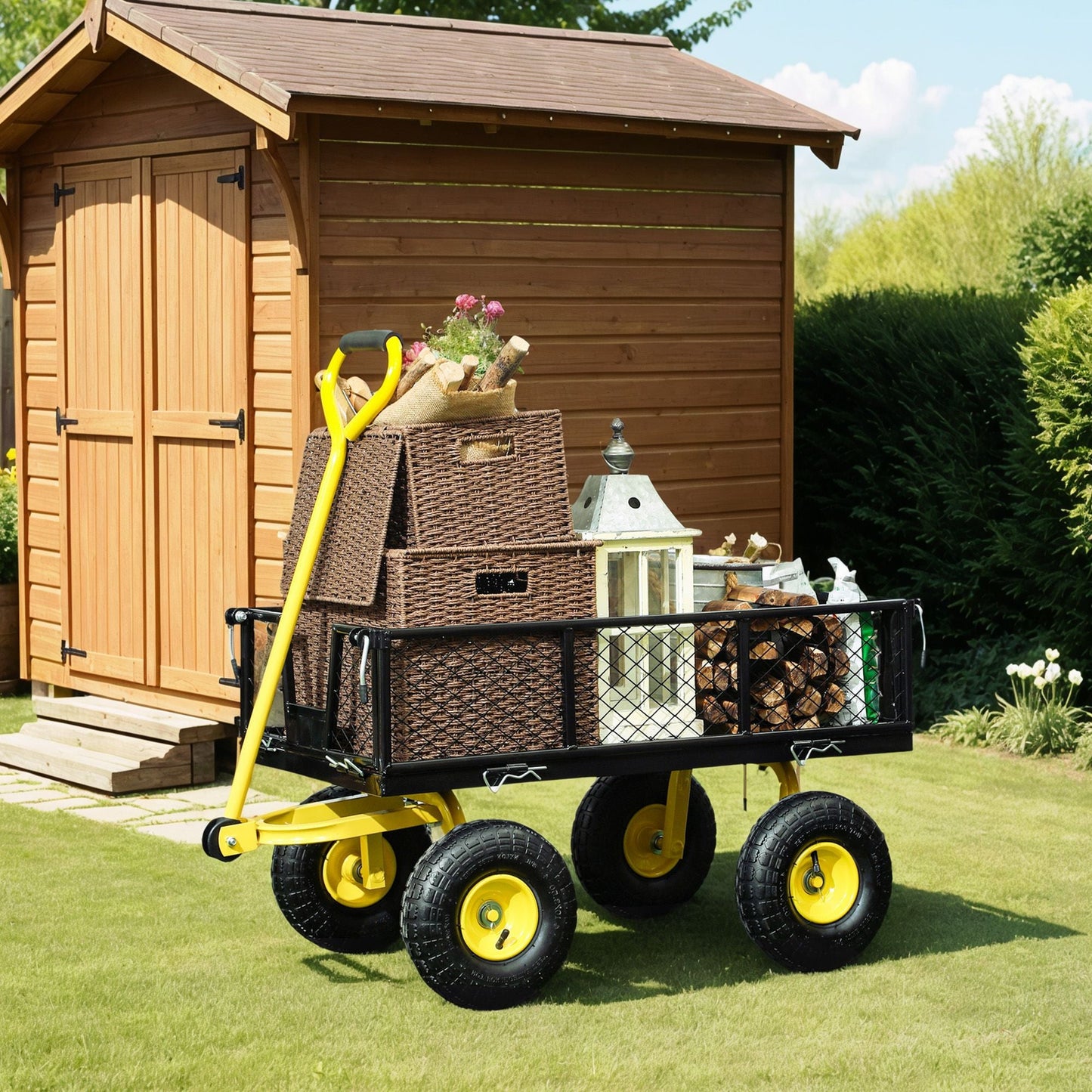 Steel Garden Cart, Utility Wagon with Removable Sides, 10" Wheels, 180° Rotating Handle, 440lbs Capatity