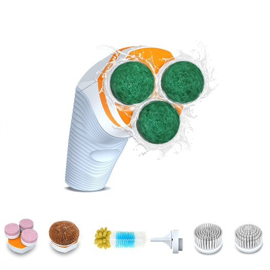 Cordless spin scrub brush with three green scrub heads on ice blue body