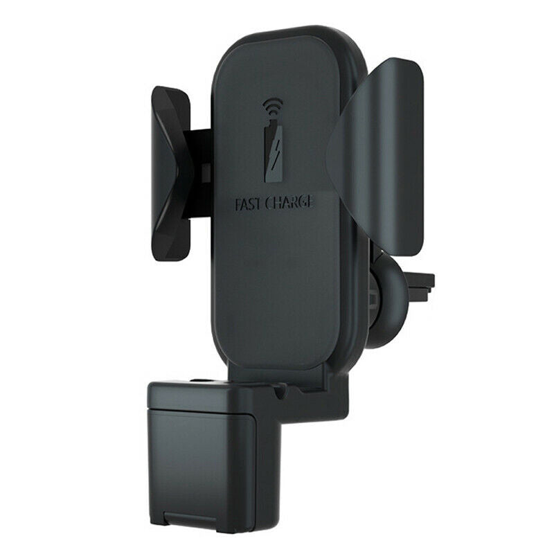 Wireless car charger phone holder with dual clamp arms and vent-style base, dark