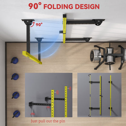 Folding Squat Rack with Pull Up Bar, Wall Mounted and Adjustable, 1000 Pounds Capacity Power Rack, Yellow