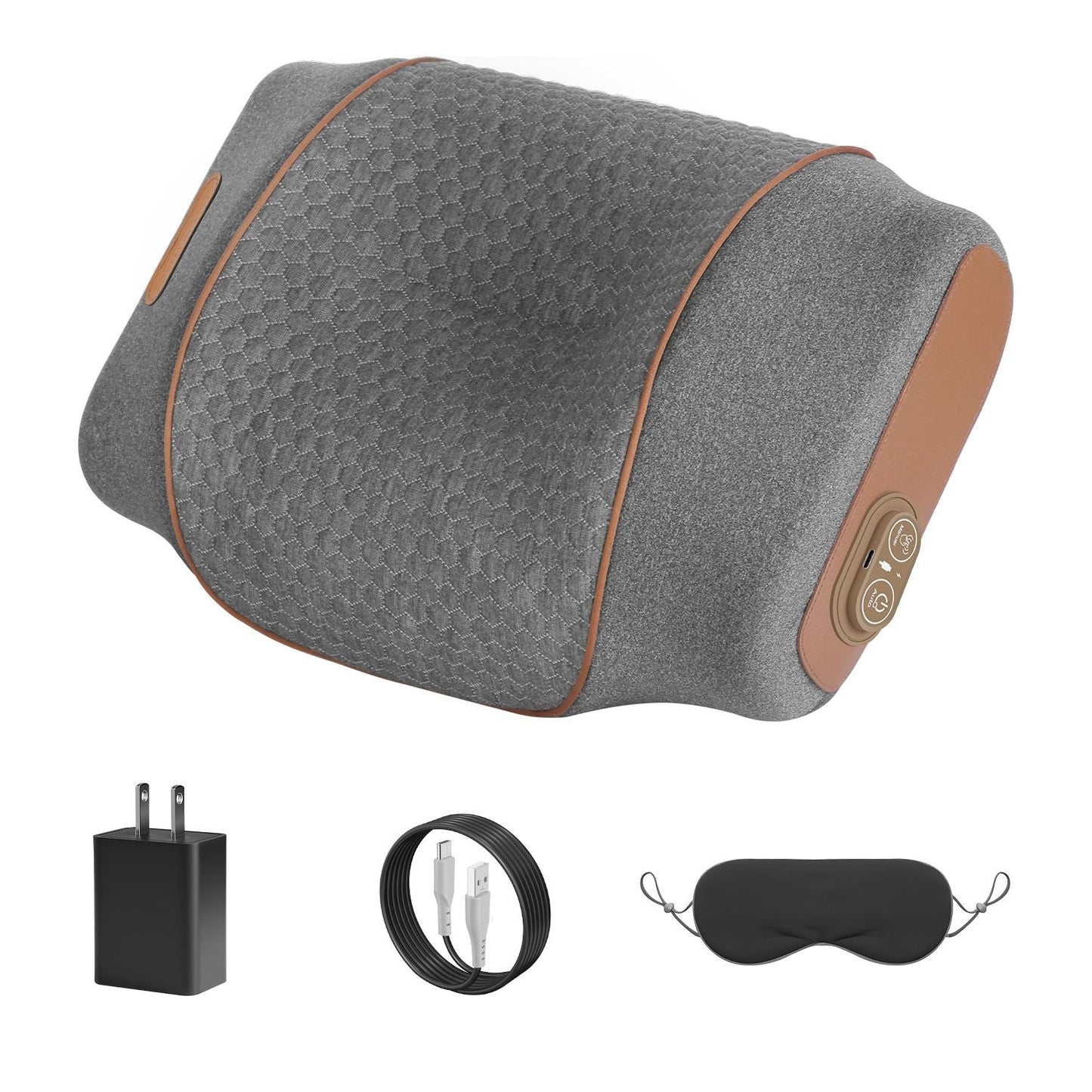 Dark grey ergonomic neck massager pillow with textured surface; includes adapter and cord