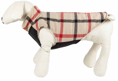 Insulated dog coat jacket with cream plaid outer and dark hooded back panel
