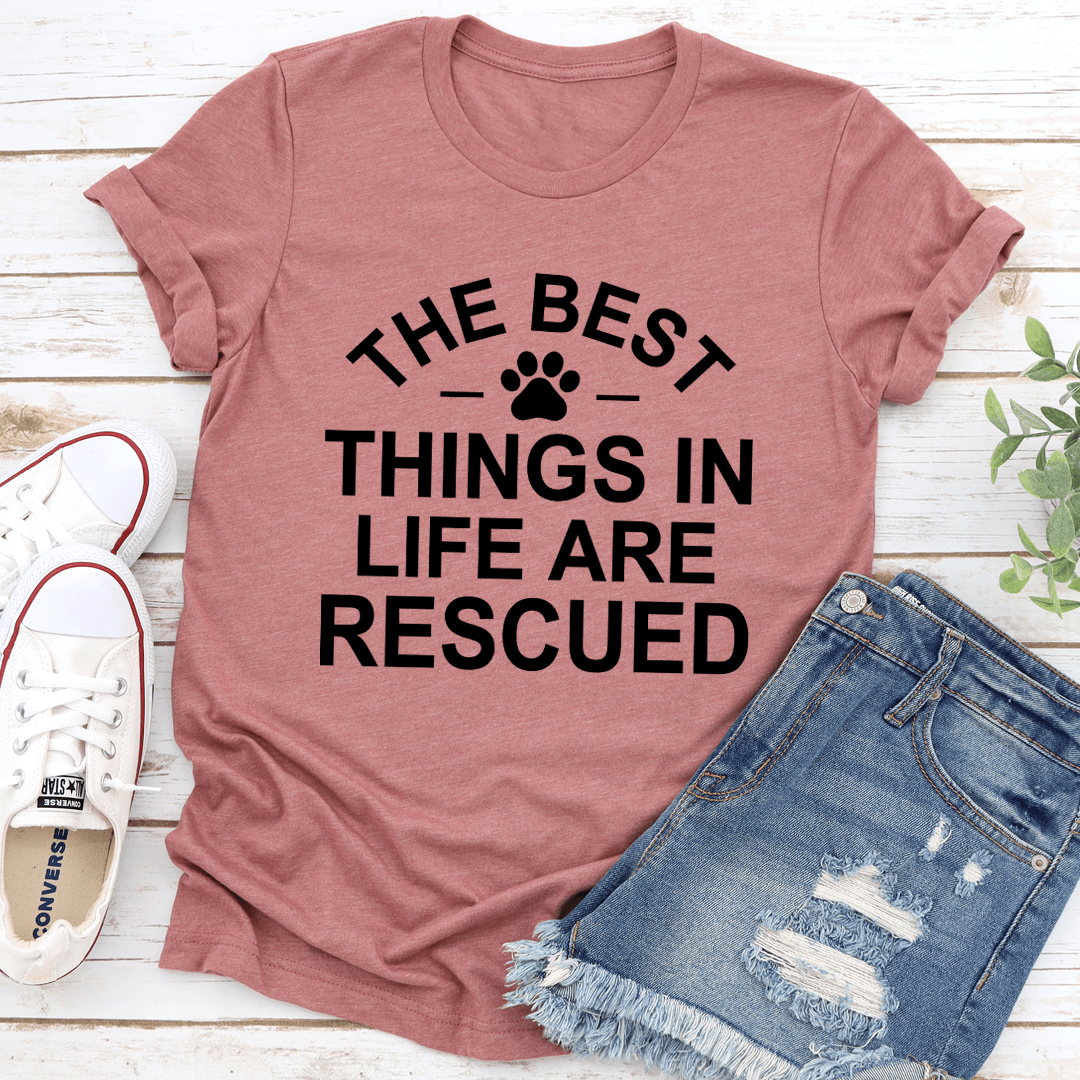Mauve rescue T-shirt with paw-print slogan graphic on front, short-sleeve crewneck