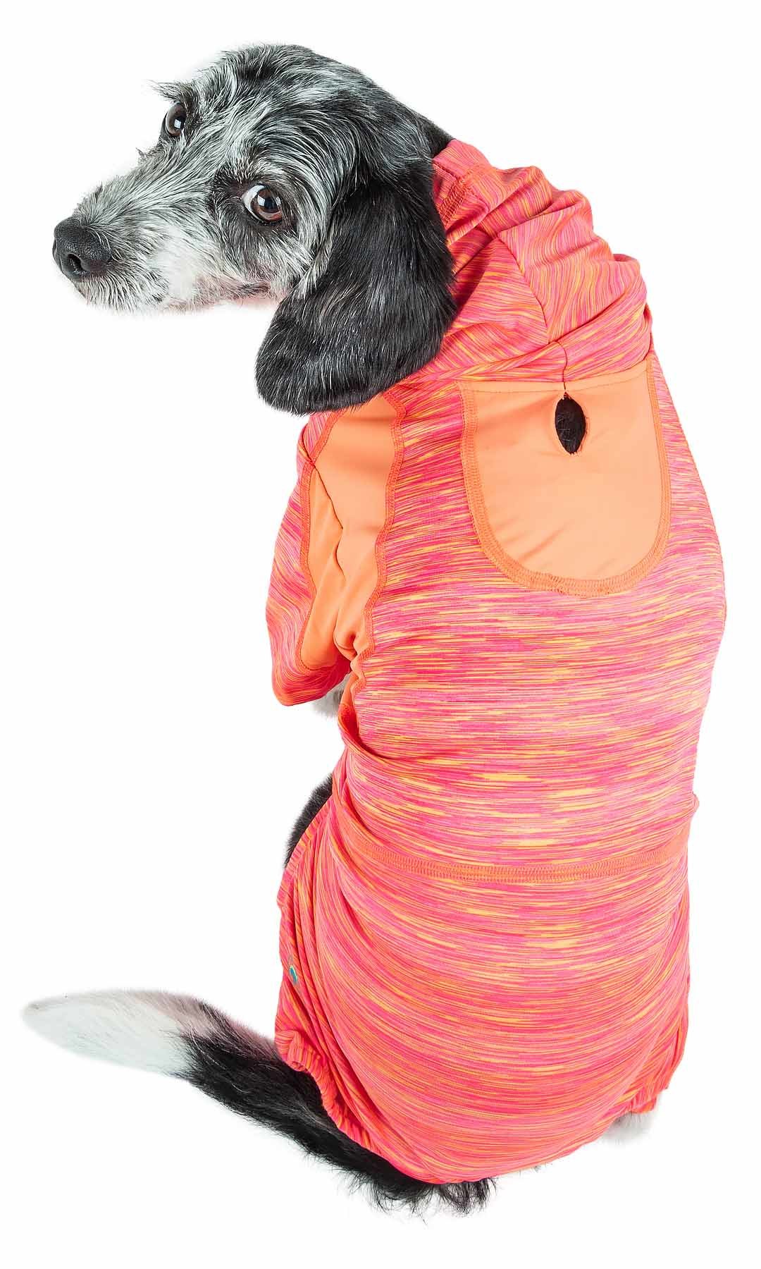 Orange heather dog hoodie with hood, front pocket, and partial zip
