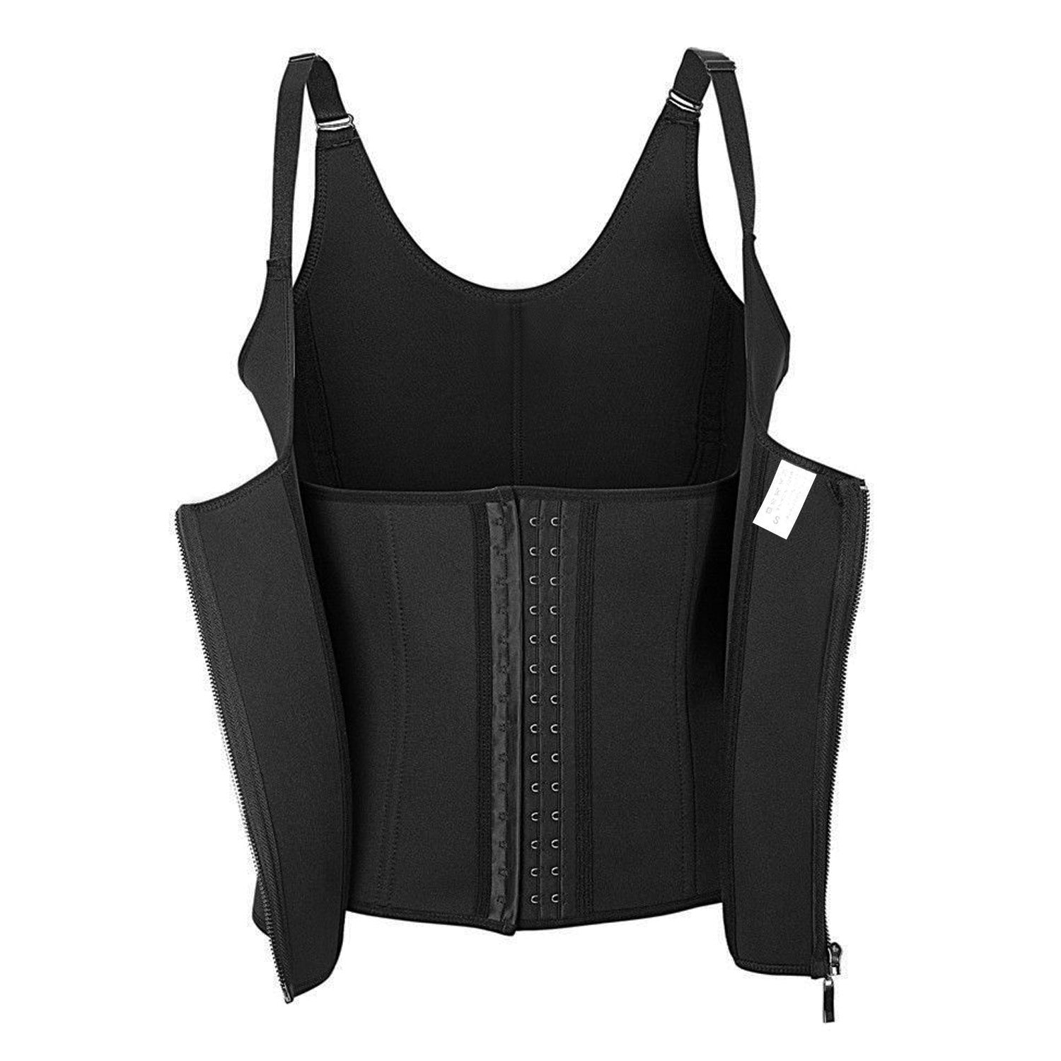 Black waist corset cincher with front zipper and hook-and-eye back closure