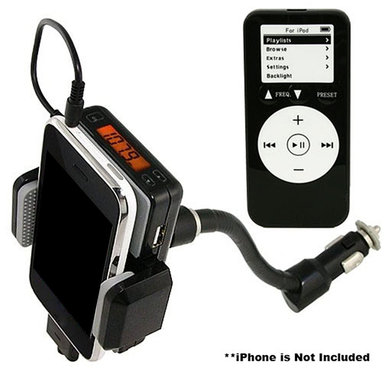 Car phone stand with FM transmitter and remote control, plus 3.5mm audio cable