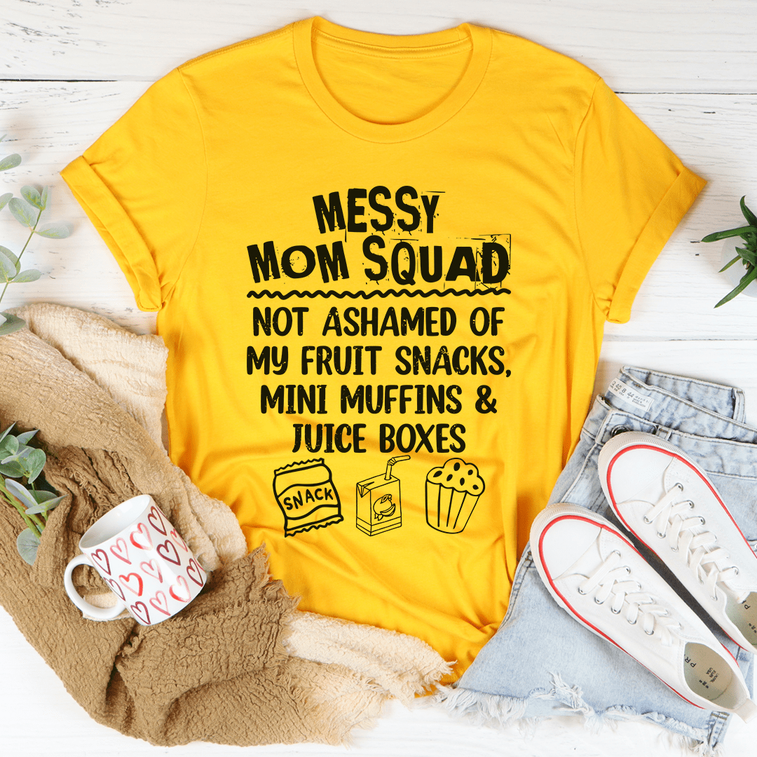 Mustard yellow graphic T-shirt with large "Messy Mom Squad" text design