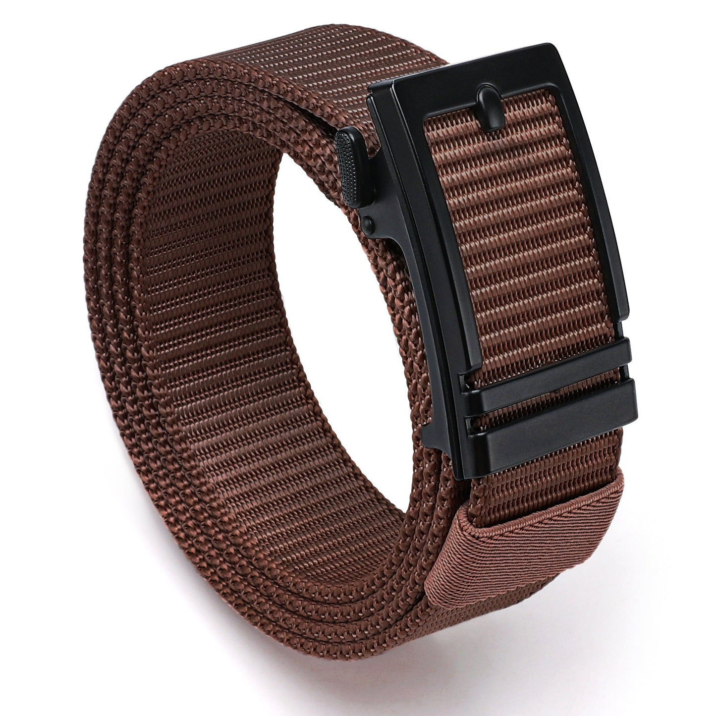 Nylon ratchet belt in dark brown with black automatic slide buckle, adjustable webbing