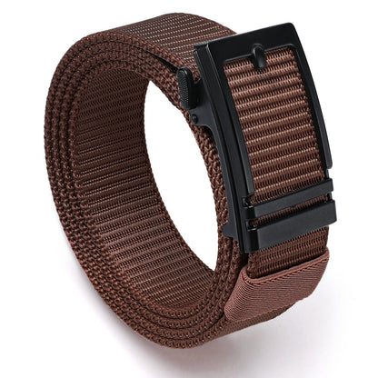 Nylon ratchet belt in dark brown with black automatic slide buckle, adjustable webbing