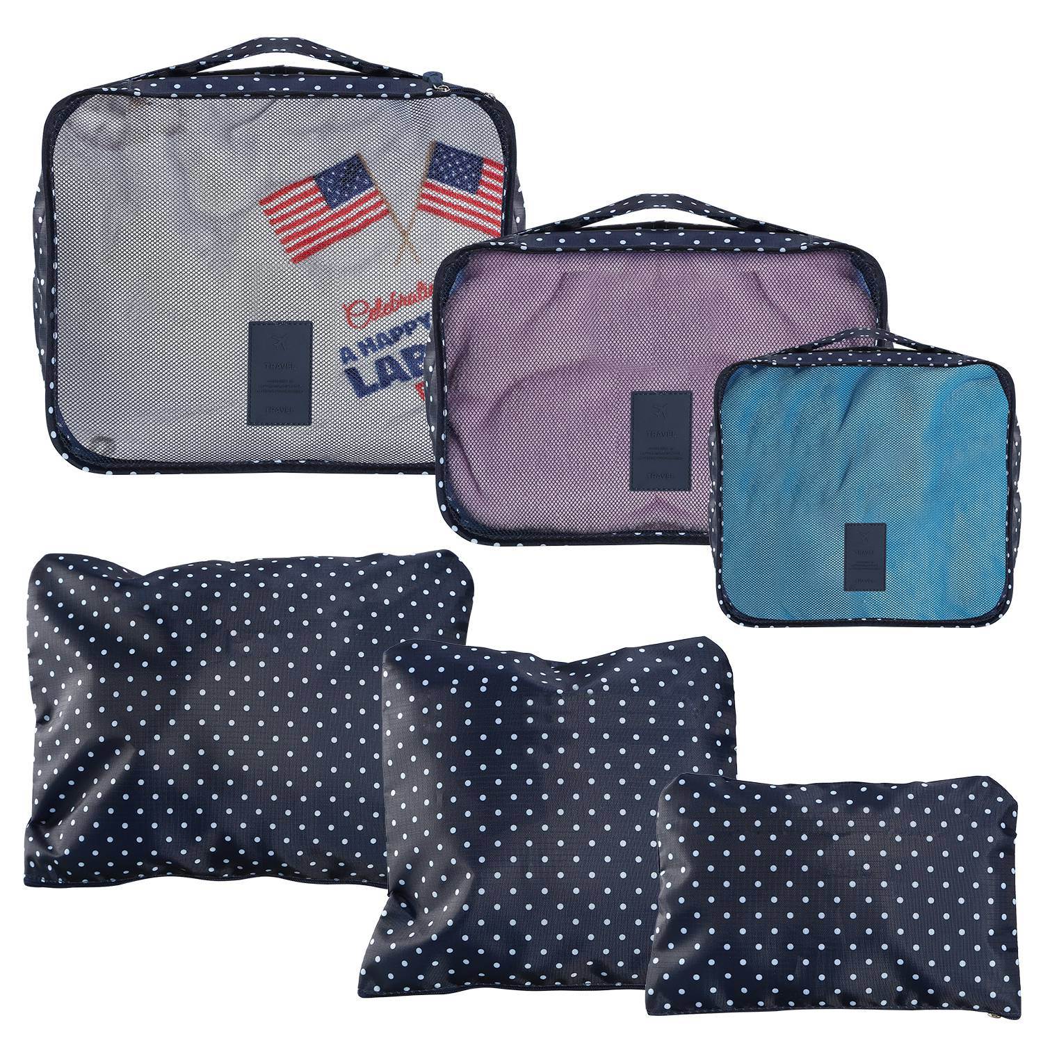 Travel packing cube set with navy polka dot, purple, and teal zippered pouches