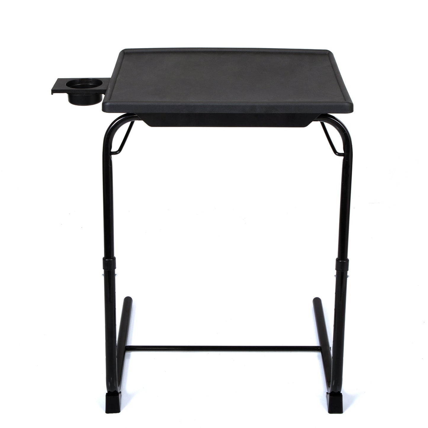 Black folding TV tray table with cup holder and open leg frame