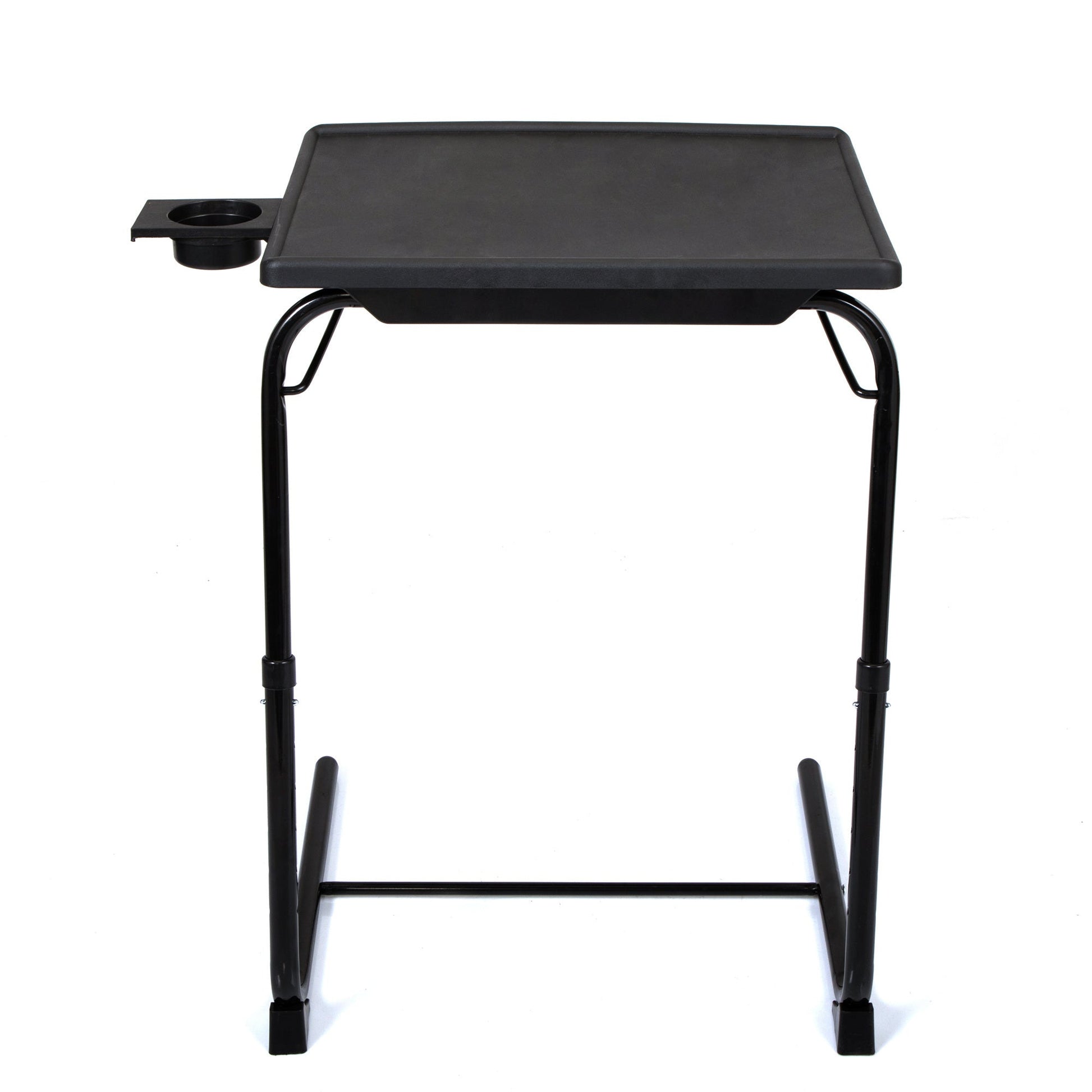 Black folding TV tray table with cup holder and open leg frame