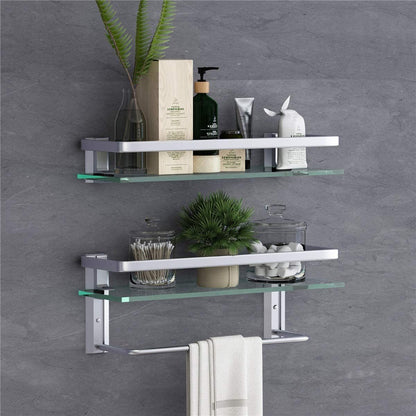 Wall-mounted 2-tier glass bathroom shelf with towel holder, clear glass and silver frame