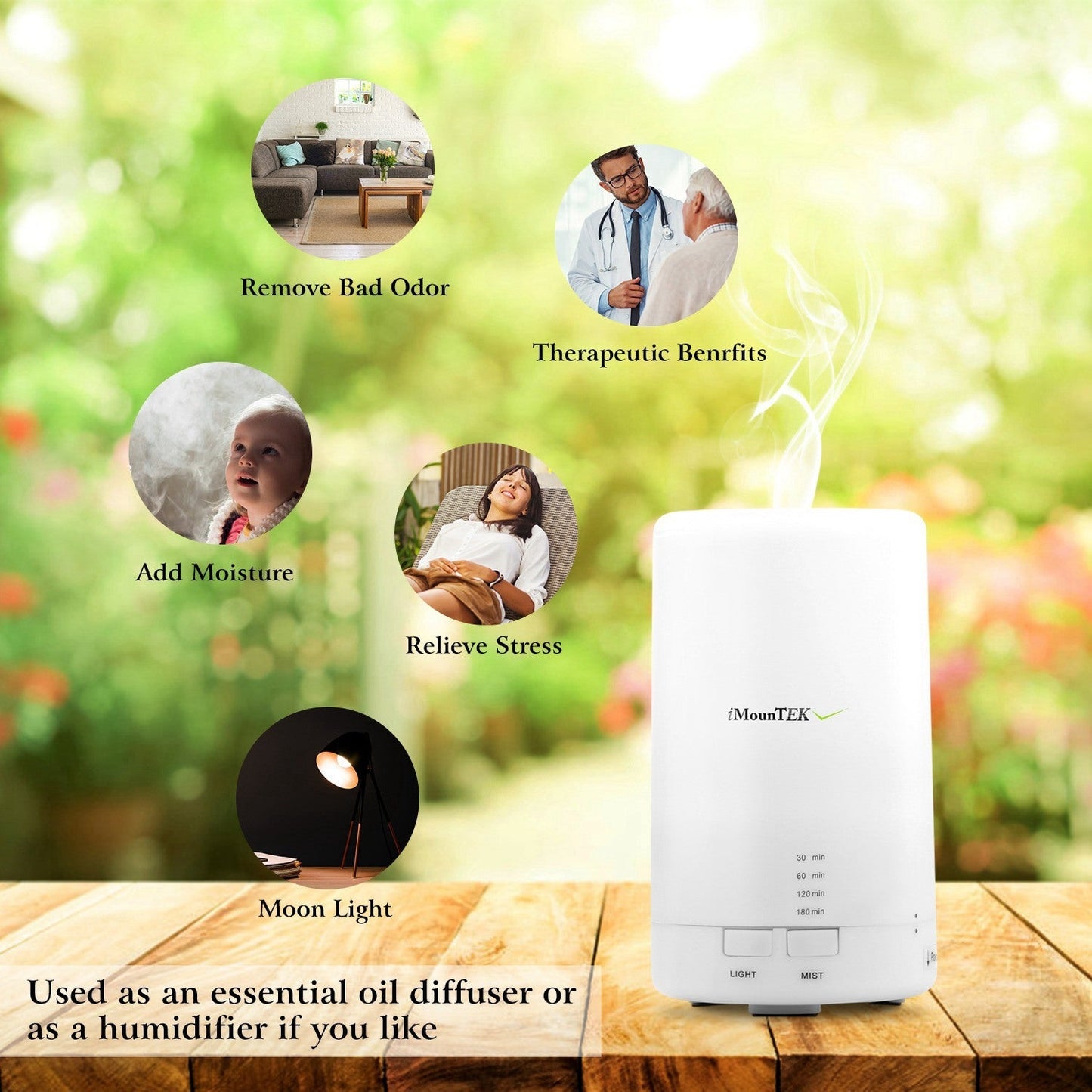 White mini humidifier on table with warm moonlight-style LED