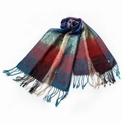 Pashmina scarf with moon and star pattern, teal red and beige, fringed tassel ends.