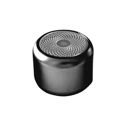 Pocket Bluetooth speaker, black cylinder with circular metal speaker grille on top