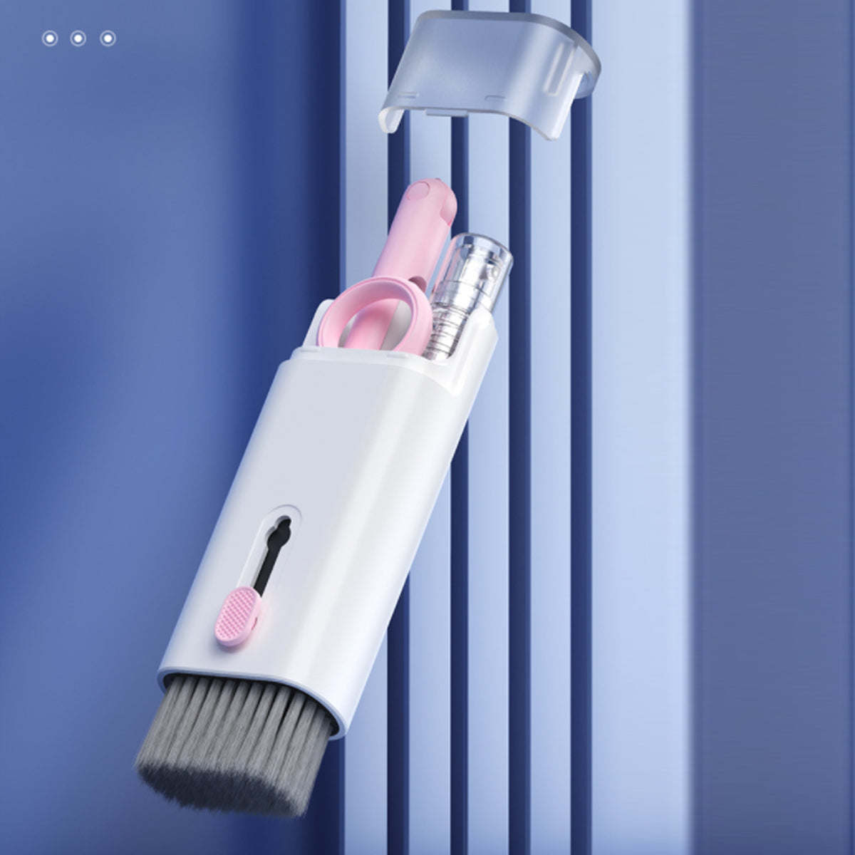 7-in-1 gadget cleaning tool on stand with white body and pink brush roller