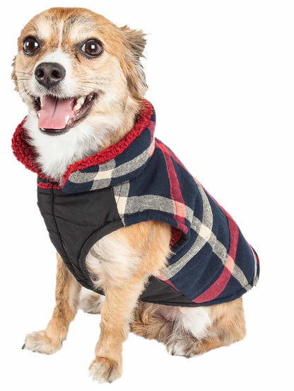 Pet Life insulated dog coat jacket in navy, red, and beige plaid with red sherpa lining