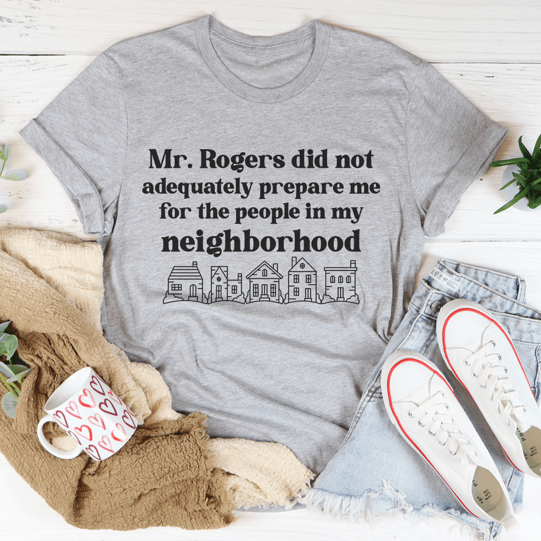 Gray heather crew-neck T-shirt with "Mr. Rogers..." quote and town-line graphic