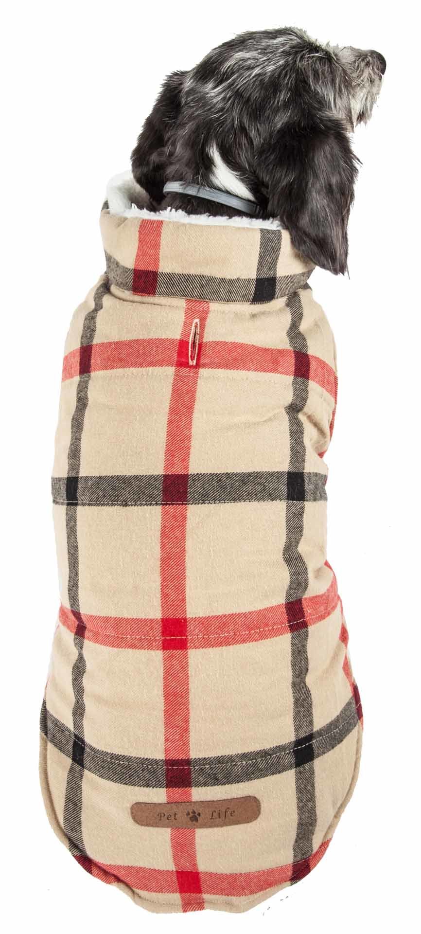 Insulated dog coat jacket in cream, black, and red plaid with full coverage