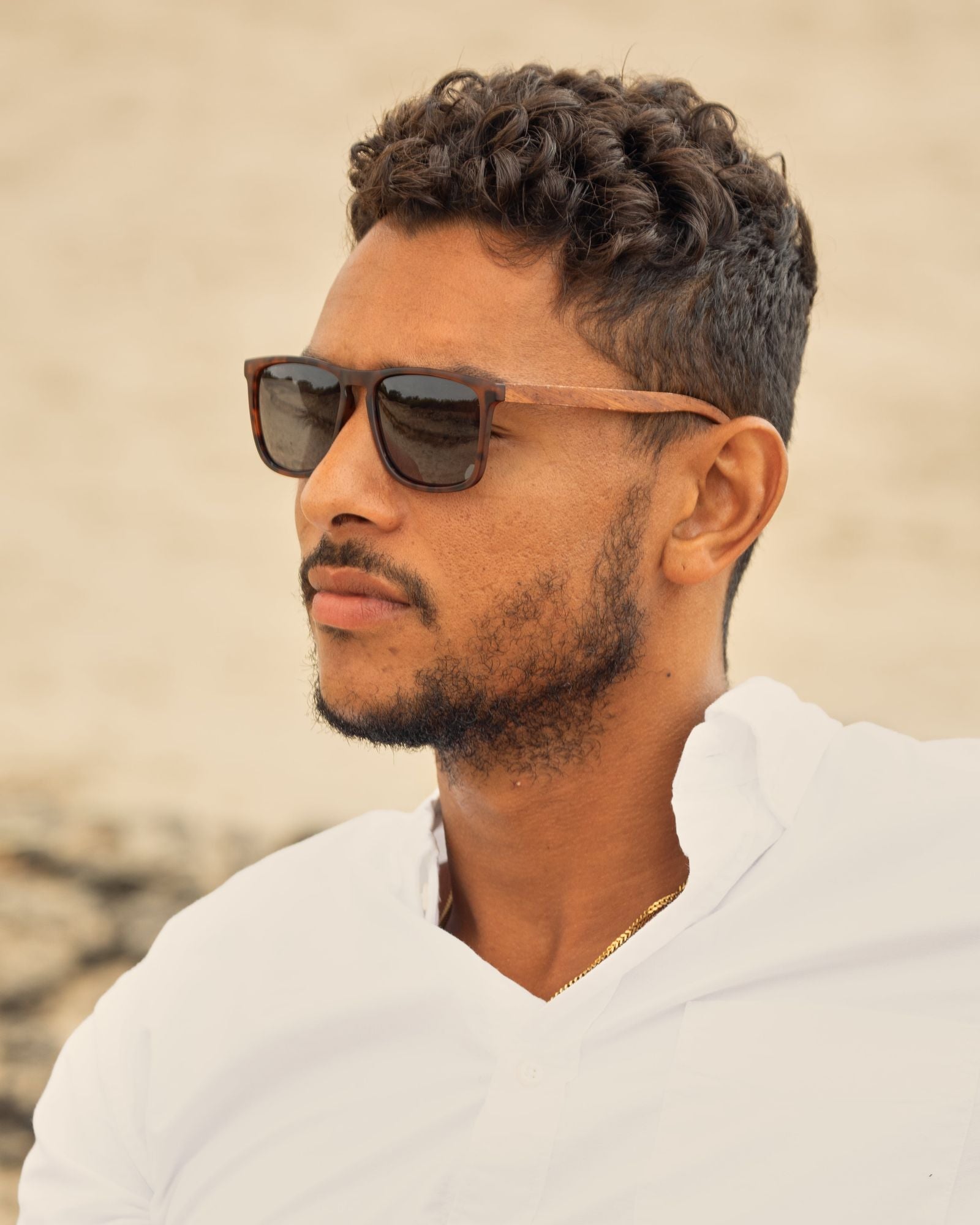 Brown-tortoise sunglasses with dark lenses viewed from the side