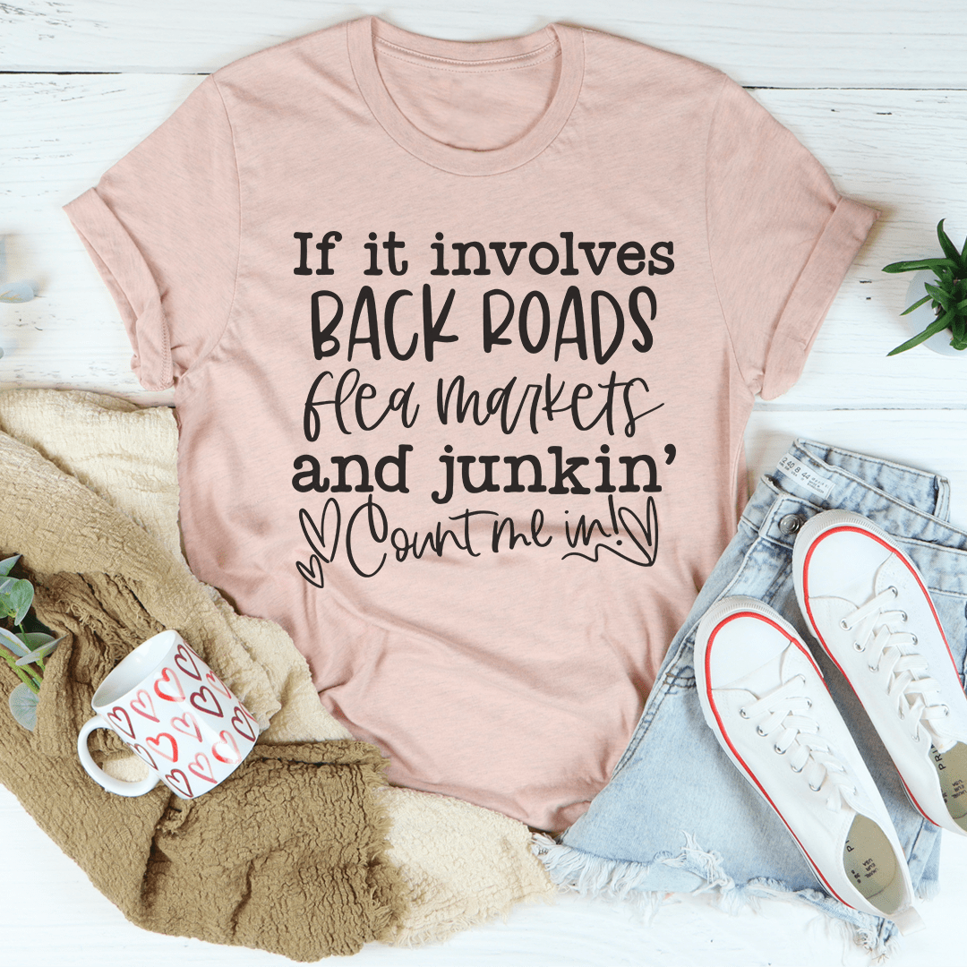 Peach crewneck tee with large 'Back Roads' flea markets and junkin' word graphic