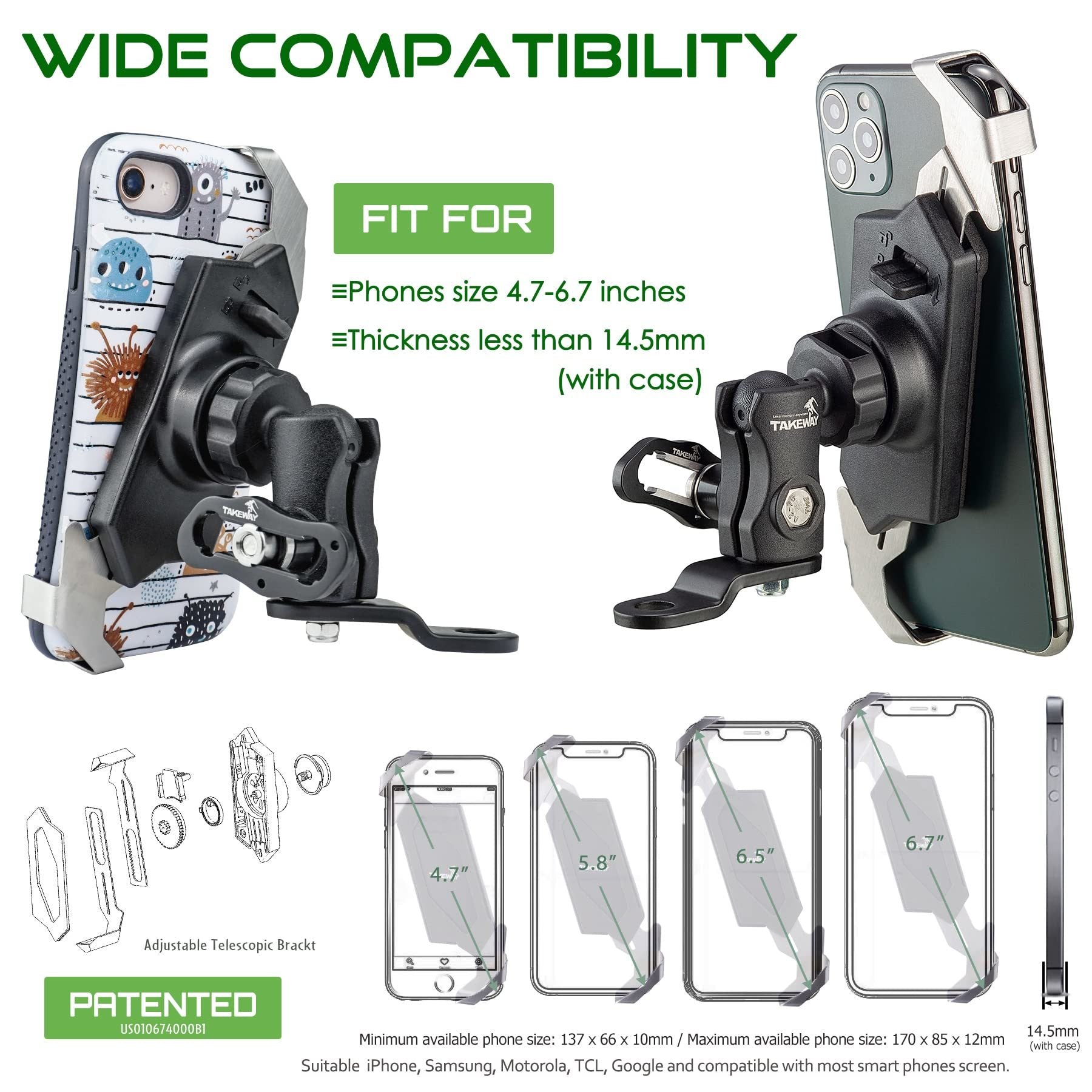 Motorcycle phone mount holder with black cradle and adjustable telescopic arm