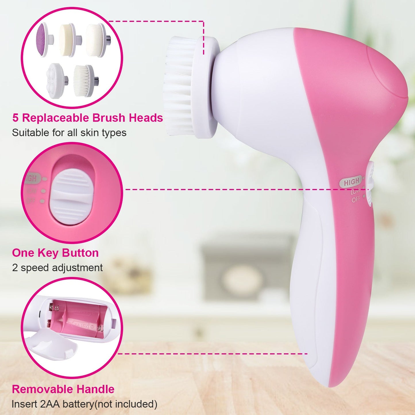 Pink-and-white electric face cleansing brush with detachable handle and bristle head